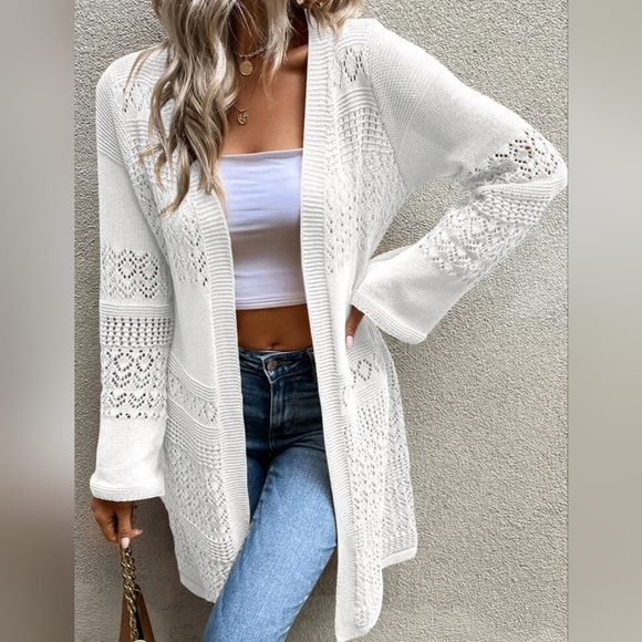 New Boho Lacey Pointelle Knit Long Cardigan Duster White - Picture 4 of 8